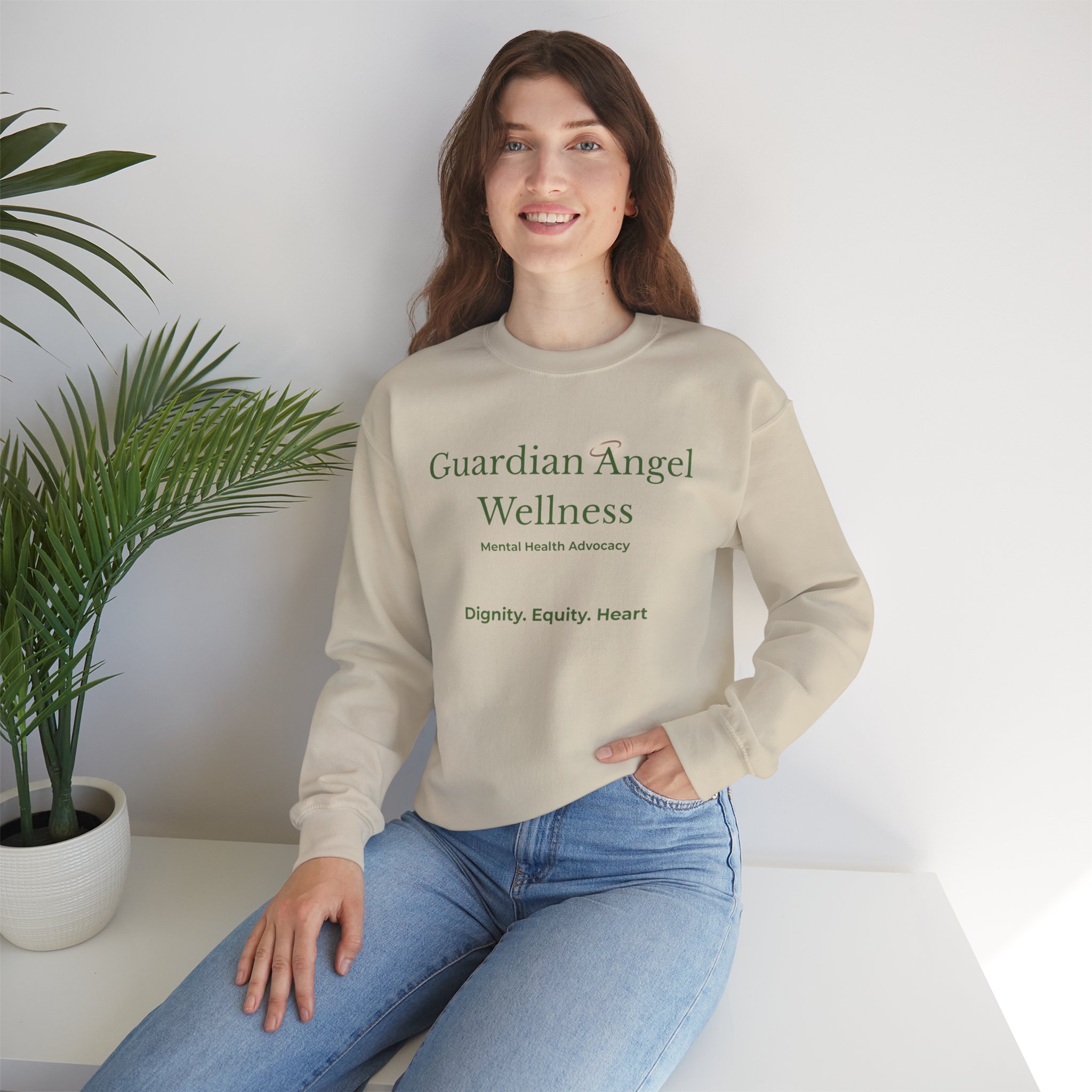 Guardian Angel Wellness Crewneck Sweatshirt — Mental Health Awareness Tee (Sand)