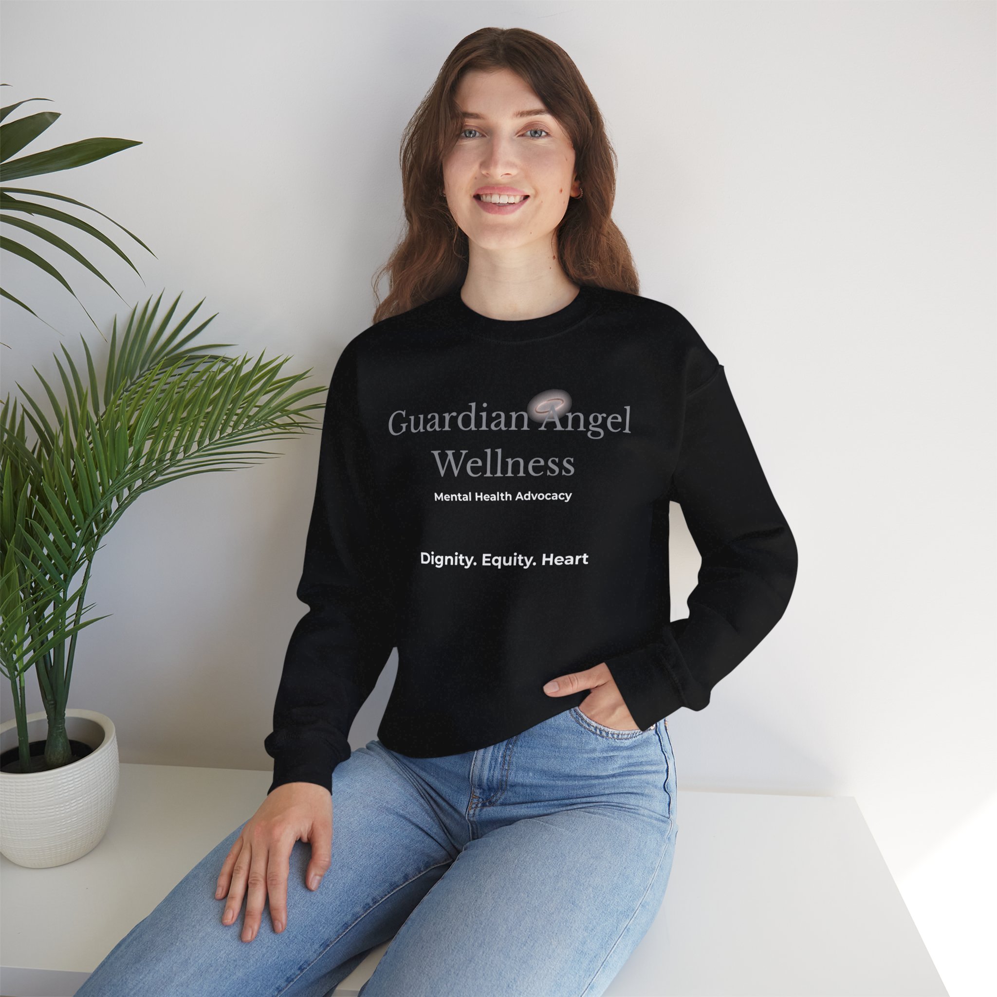 Guardian Angel Wellness Crewneck Sweatshirt — Mental Health Awareness Tee (Black/White)